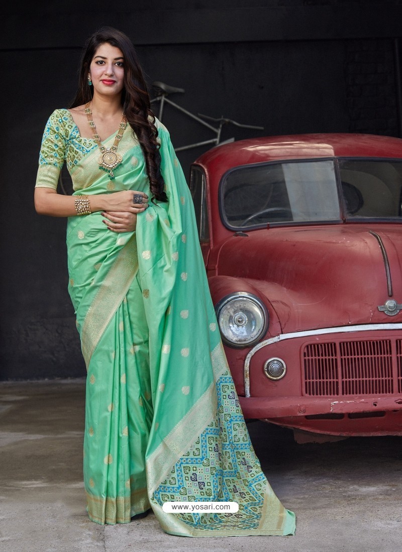 Sea Green Stylish Designer Party Wear Silk Sari
