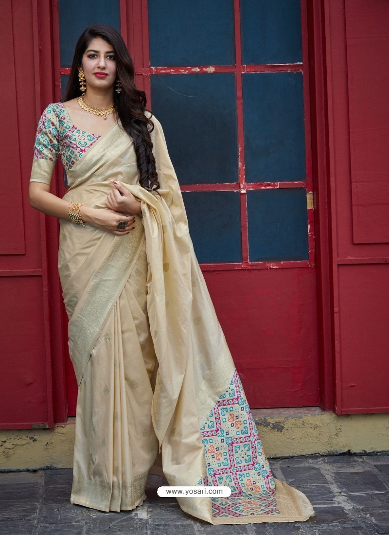 Light Beige Stylish Designer Party Wear Silk Sari