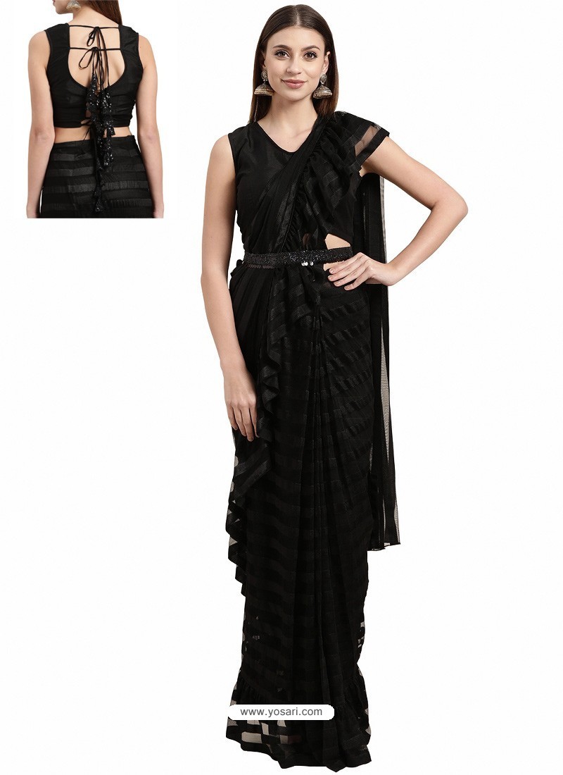 Sizzling Black Designer Party Wear Sari With Readymade Blouse
