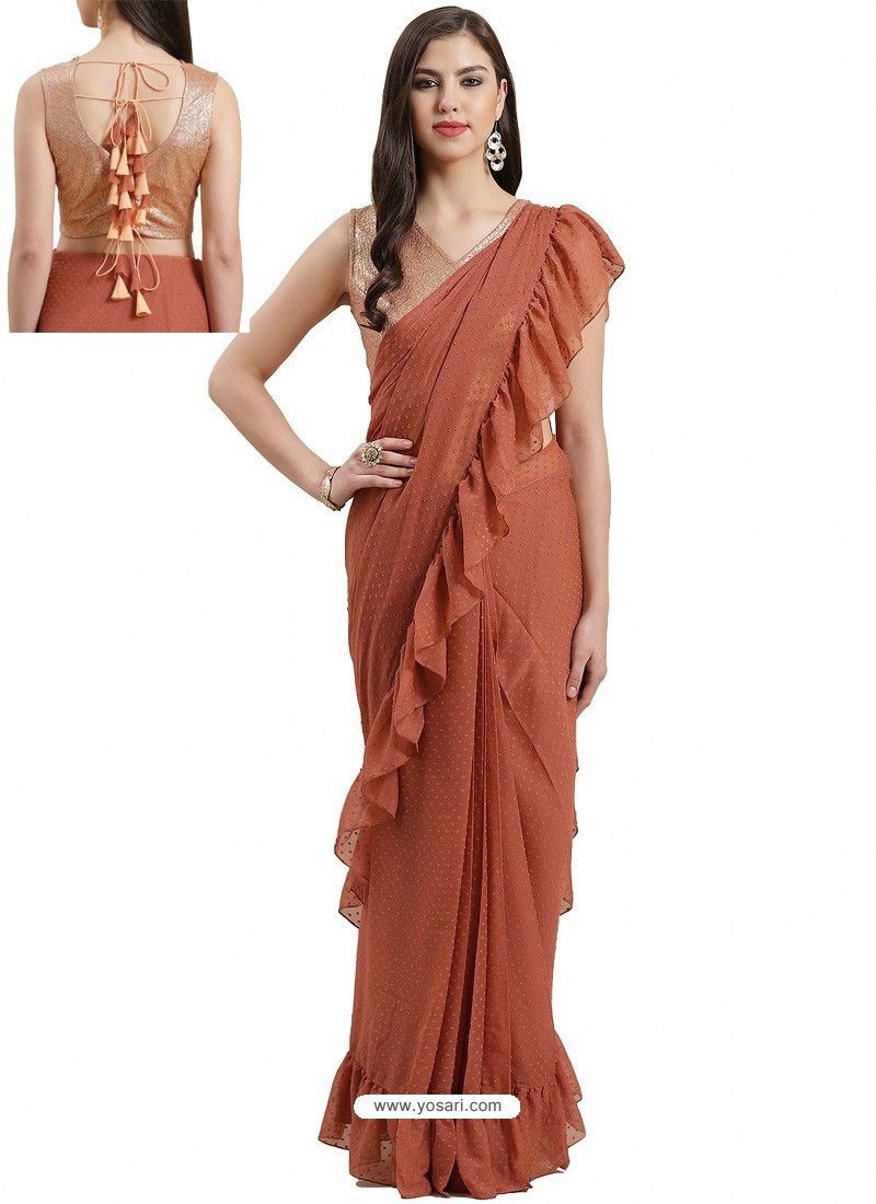 Rust Designer Party Wear Sari With Readymade Blouse