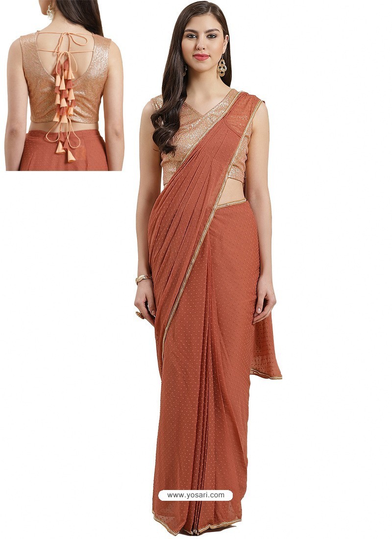 Rust Designer Party Wear Sari With Readymade Blouse