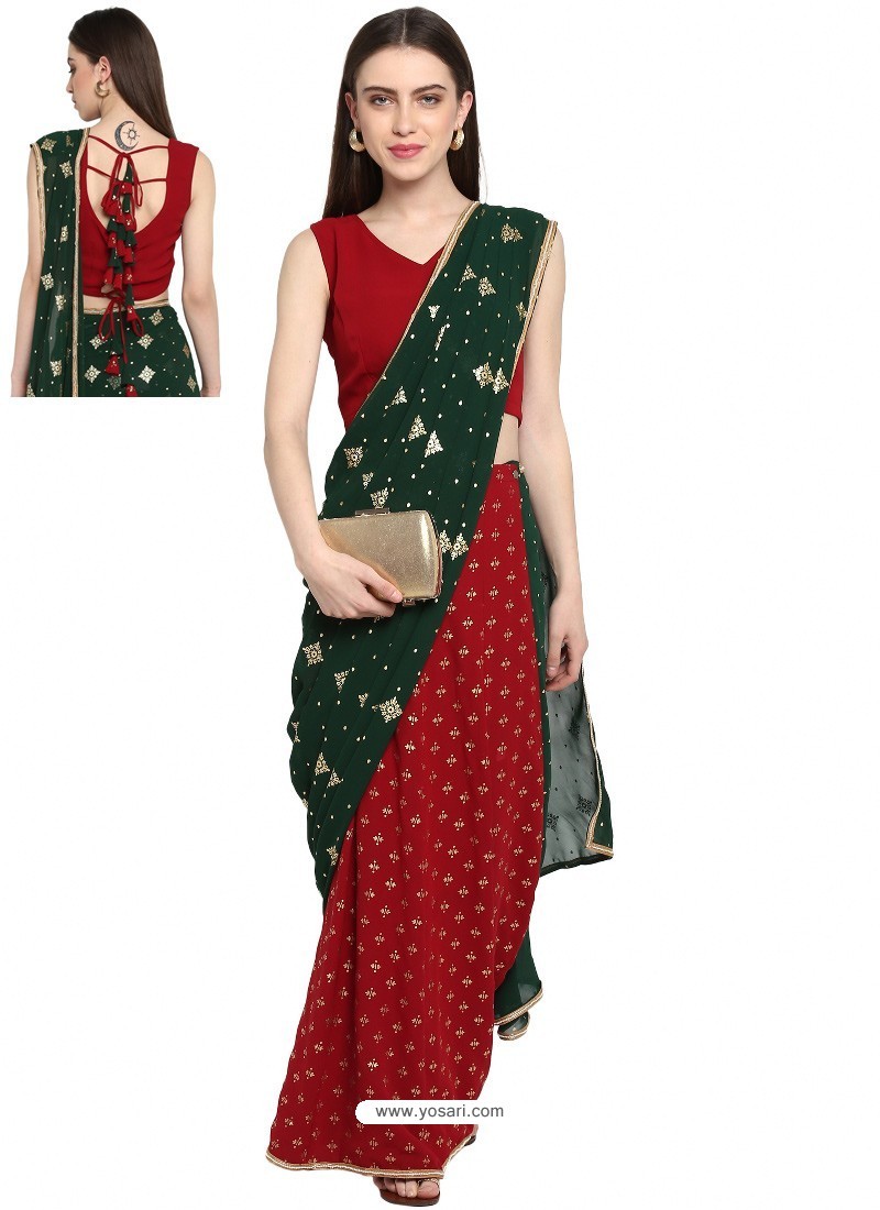 Red Designer Party Wear Sari With Readymade Blouse
