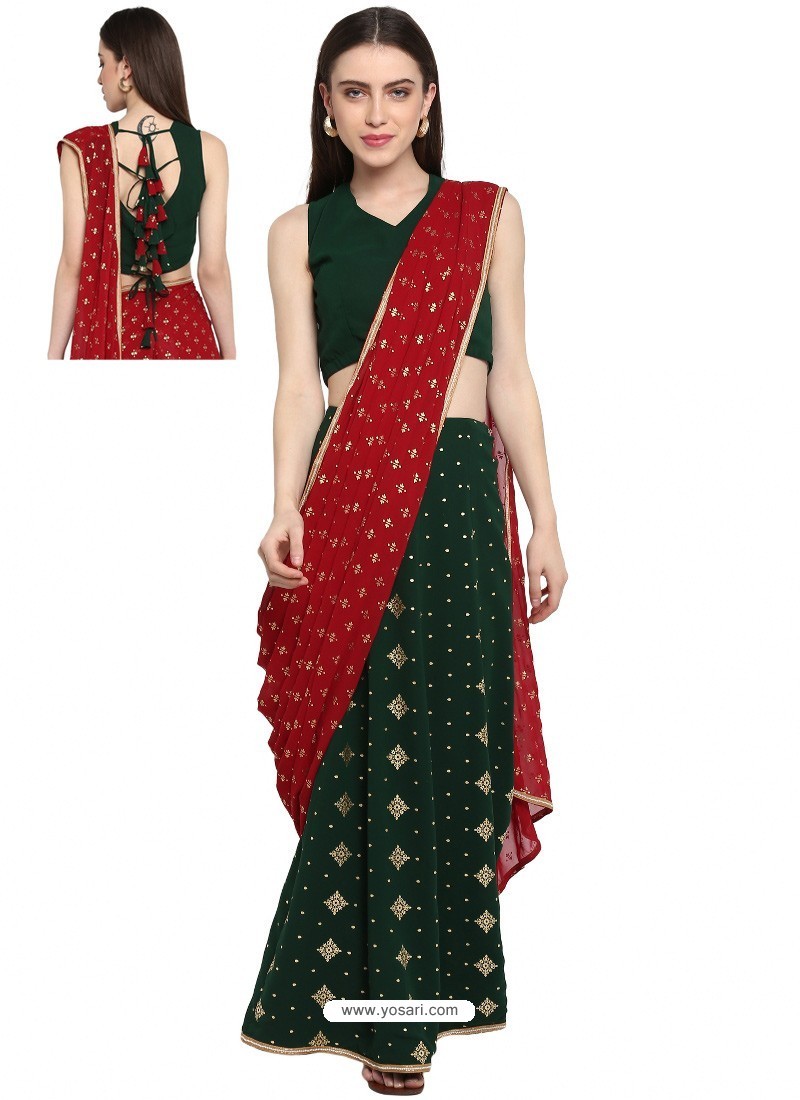 Dark Green Designer Party Wear Sari With Readymade Blouse