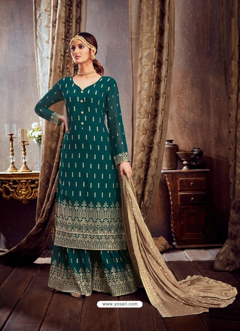 Teal Designer Pure Georgette Party Wear Palazzo Suit
