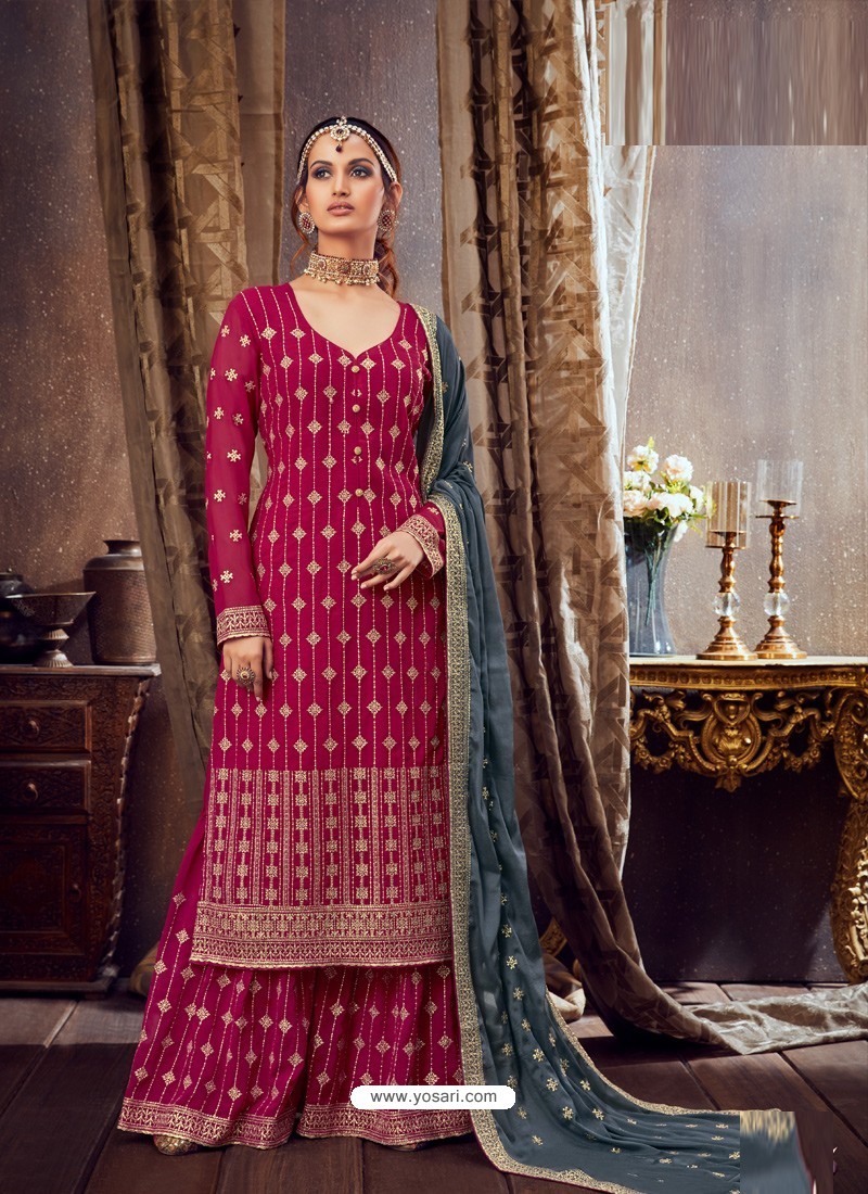 Rose Red Designer Pure Georgette Party Wear Palazzo Suit