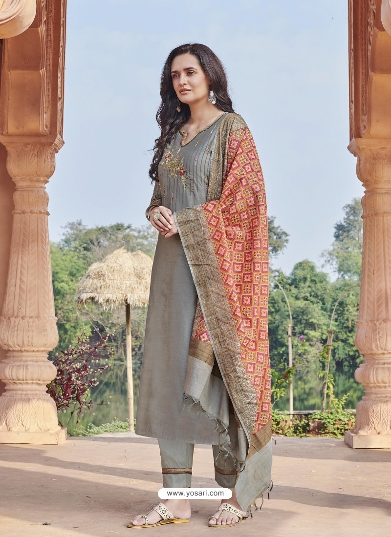 Silver Latest Readymade Designer Party Wear Straight Salwar Suit