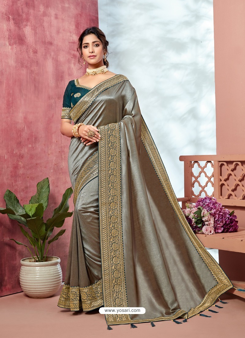 Silver Heavy Designer Party Wear Vichitra Sari