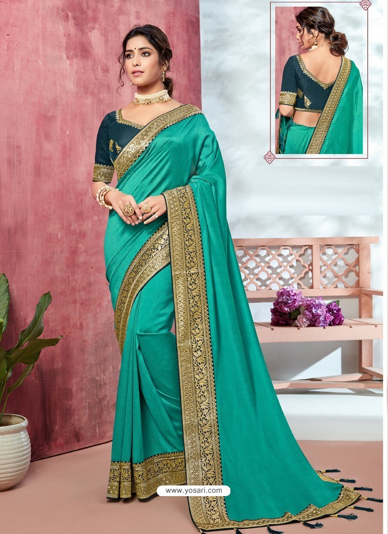 Aqua Mint Heavy Designer Party Wear Vichitra Sari