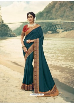 Peacock Blue Designer Party Wear Vichitra Silk Sari