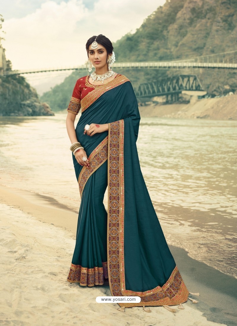 Peacock Blue Designer Party Wear Vichitra Silk Sari