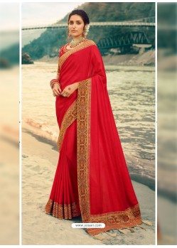 Red Designer Party Wear Vichitra Silk Sari