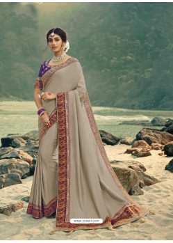 Light Grey Designer Party Wear Vichitra Silk Sari