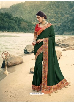 Dark Green Designer Party Wear Vichitra Silk Sari