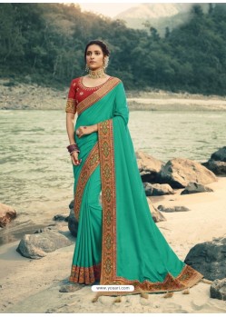Aqua Mint Designer Party Wear Vichitra Silk Sari