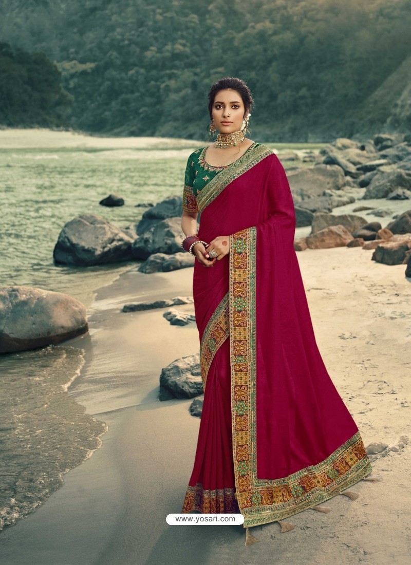 Rose Red Designer Party Wear Vichitra Silk Sari