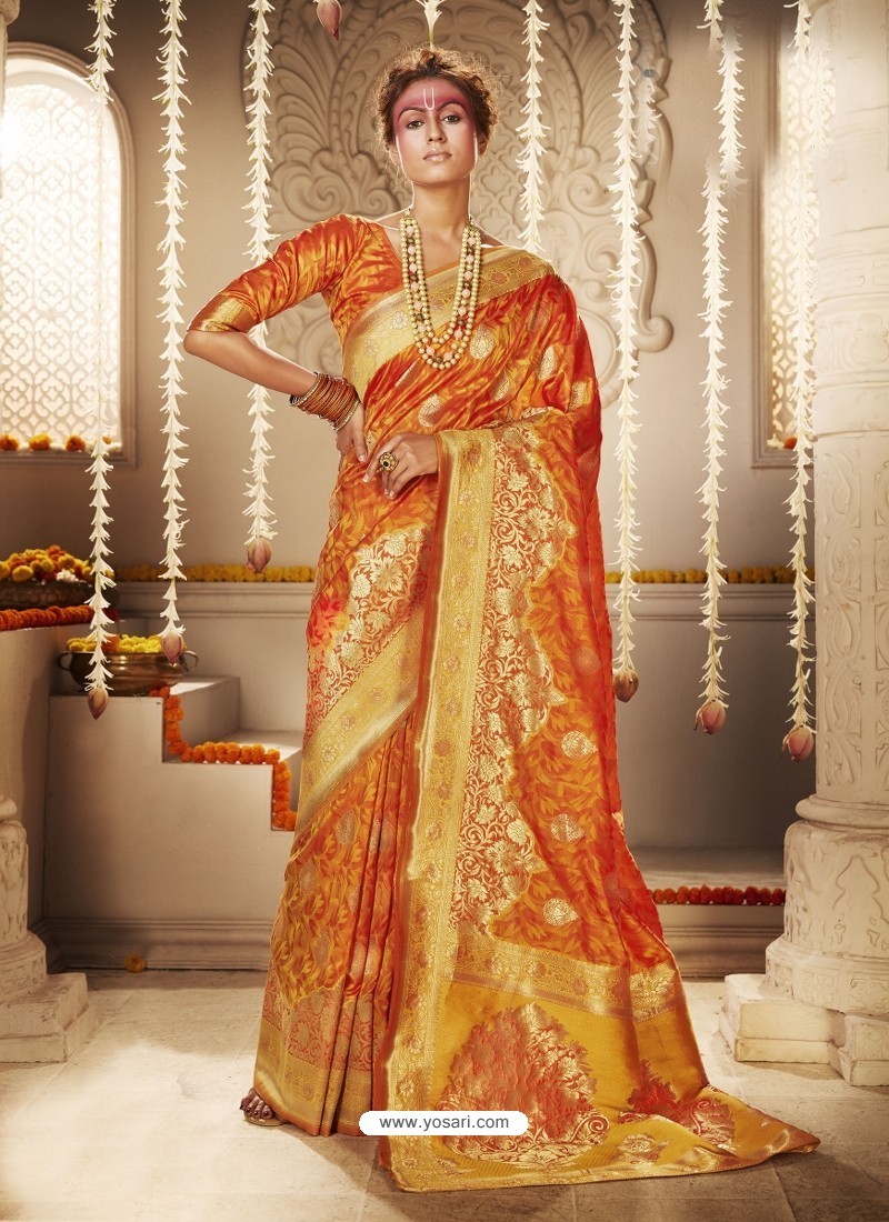 Orange Designer Traditional Wear Banarasi Silk Sari