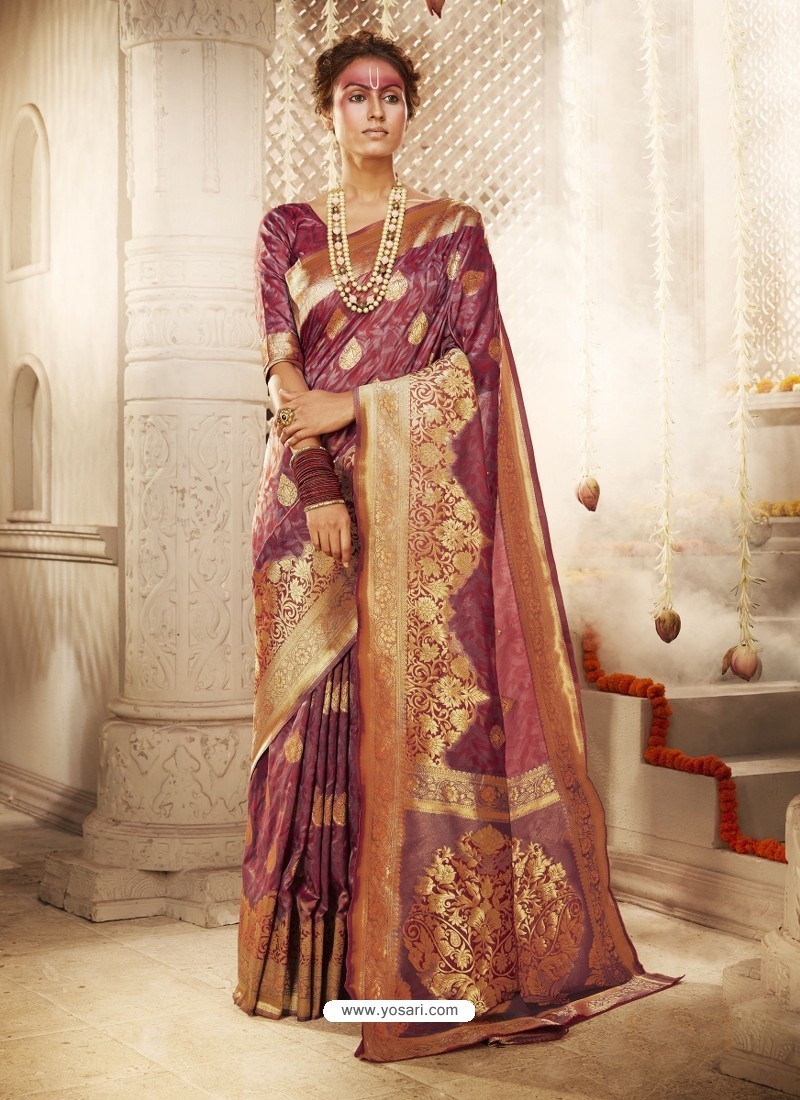 Deep Wine Designer Traditional Wear Banarasi Silk Sari