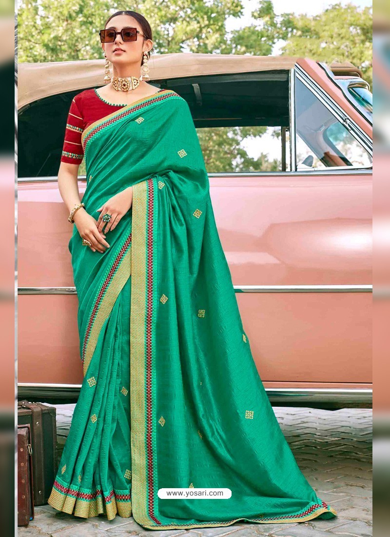 Jade Green Stylish Party Wear Embroidered Designer Wedding Sari