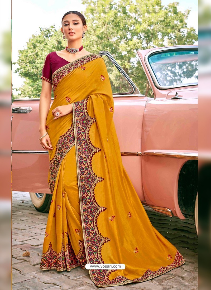 Mustard Stylish Party Wear Embroidered Designer Wedding Sari