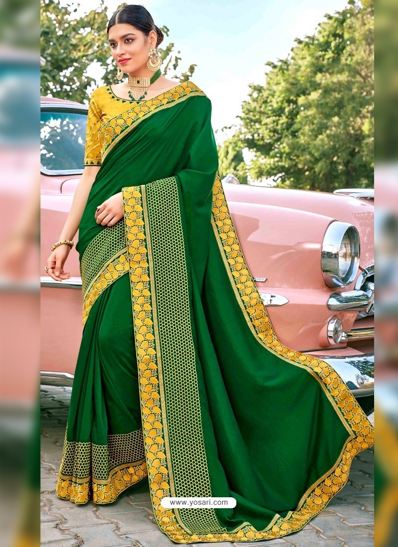 Dark Green Stylish Party Wear Embroidered Designer Wedding Sari