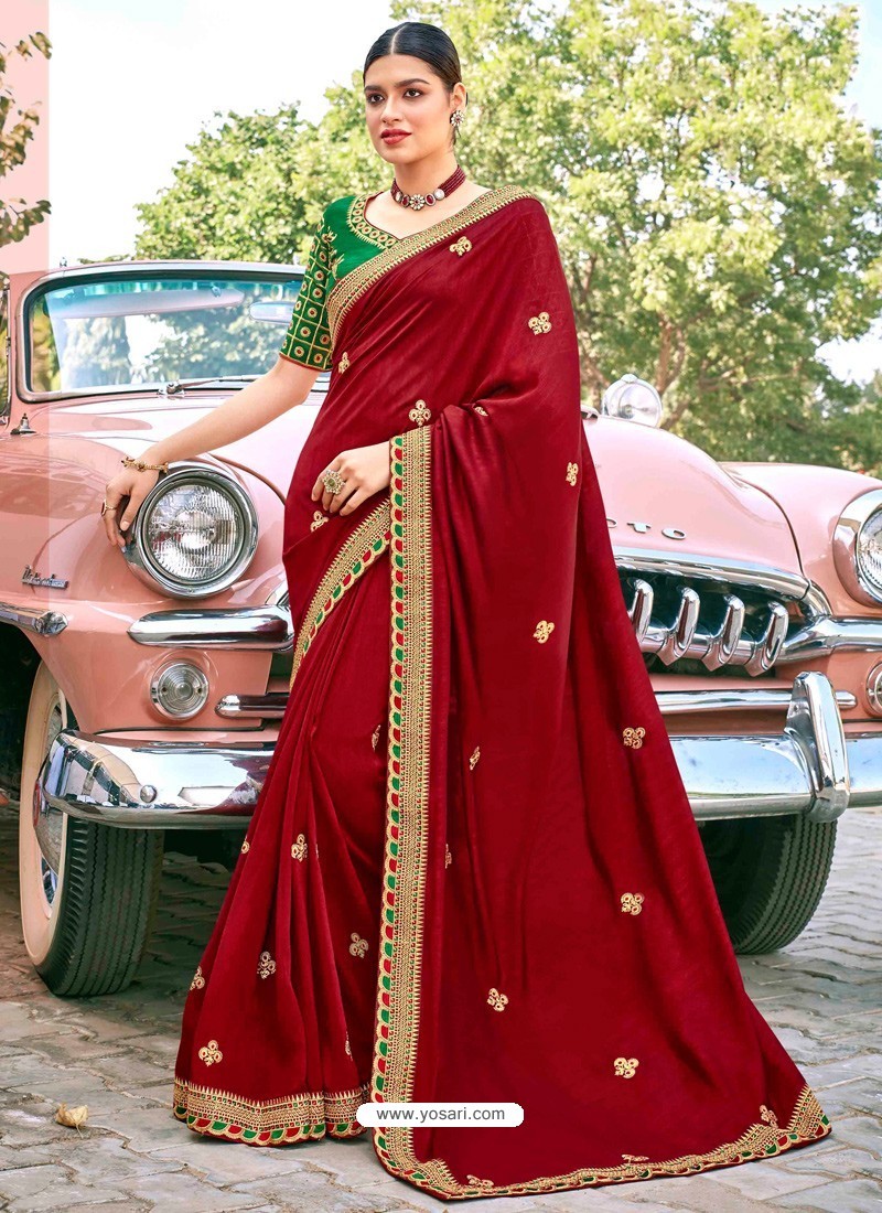 Maroon Stylish Party Wear Embroidered Designer Wedding Sari