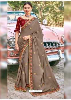 Taupe Stylish Party Wear Embroidered Designer Wedding Sari