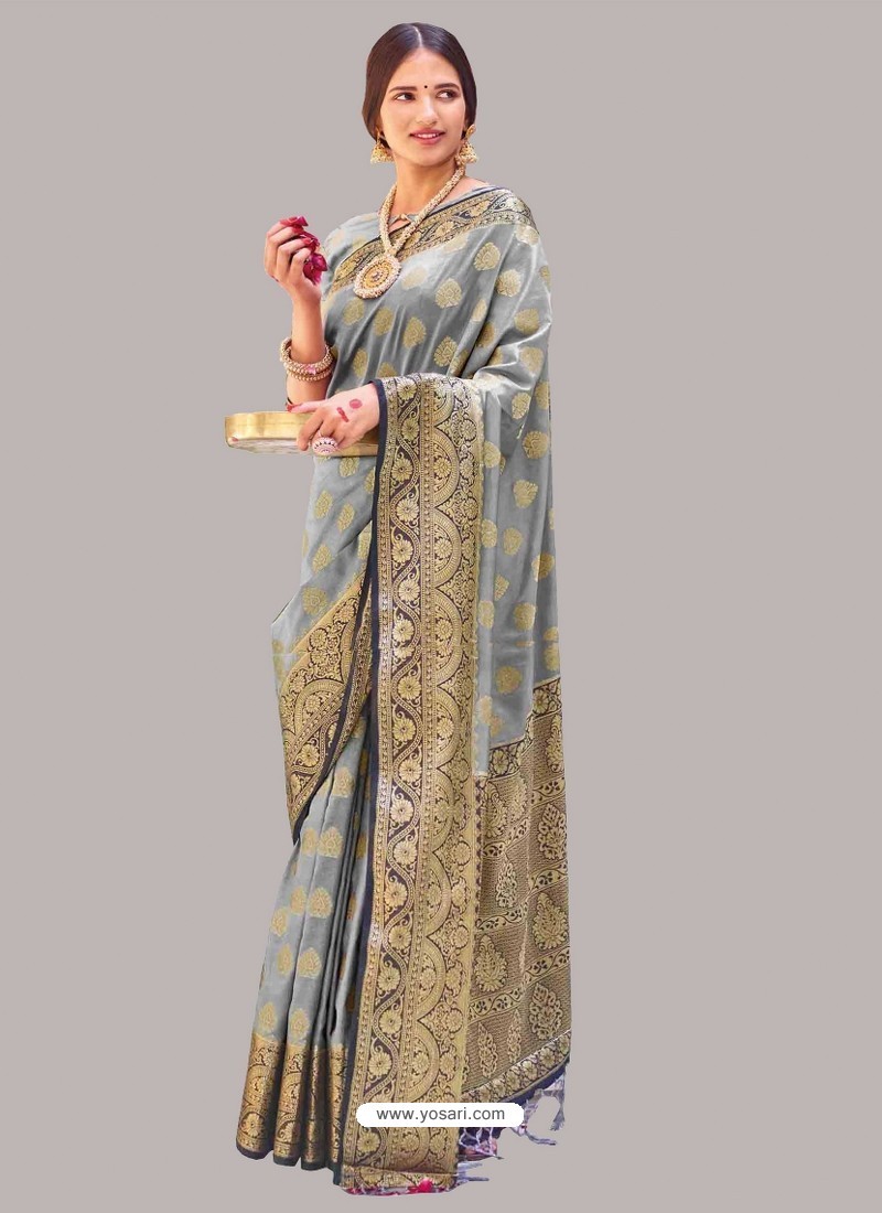 Grey Designer Traditional Wear Silk Sari