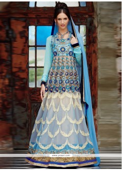 Fashionistic White And Blue Shaded Pure Georgette Anarkali Suits