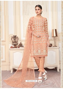 Light Orange Party Wear Designer Butterfly Net Straight Salwar Suit