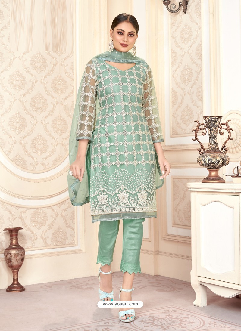 Grayish Green Party Wear Designer Butterfly Net Straight Salwar Suit