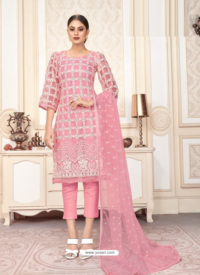 Pink Party Wear Designer Butterfly Net Straight Salwar Suit