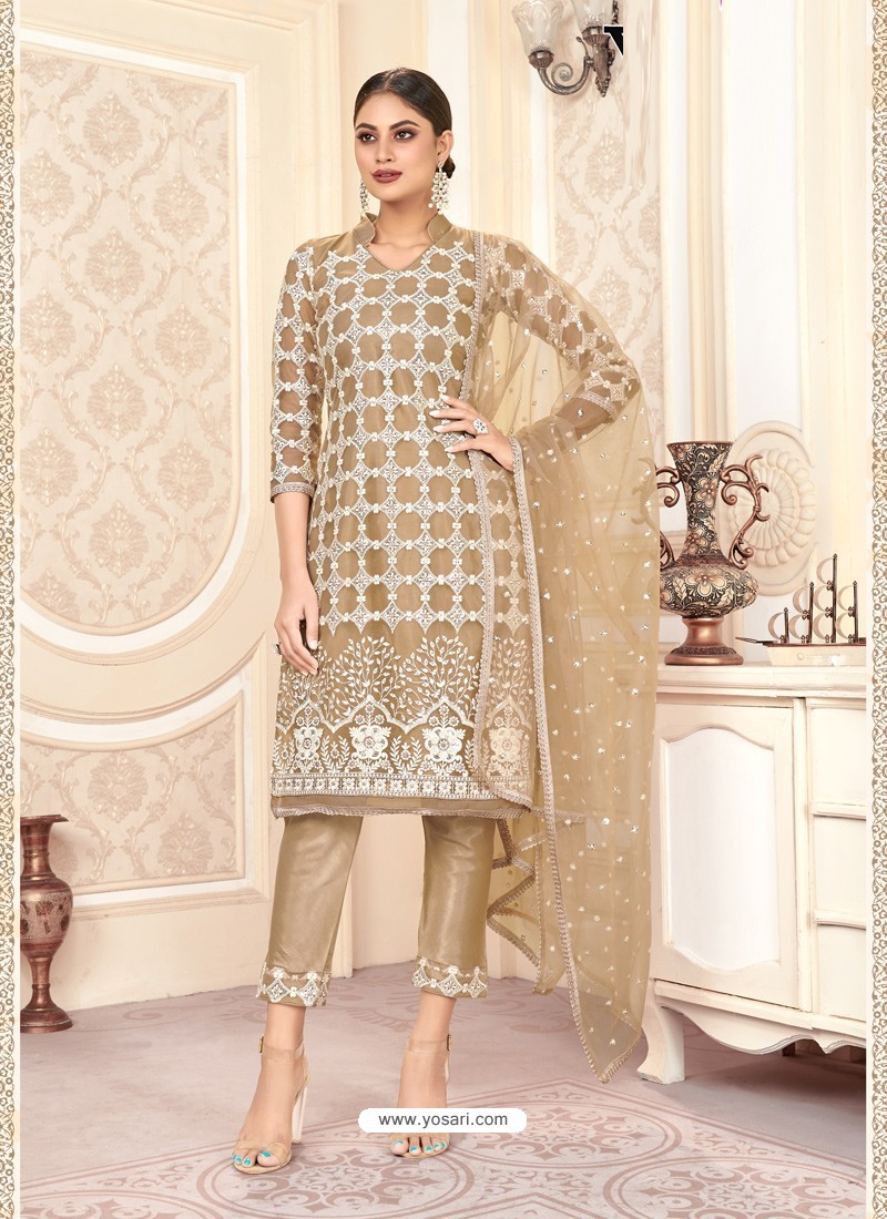 Beige Party Wear Designer Butterfly Net Straight Salwar Suit