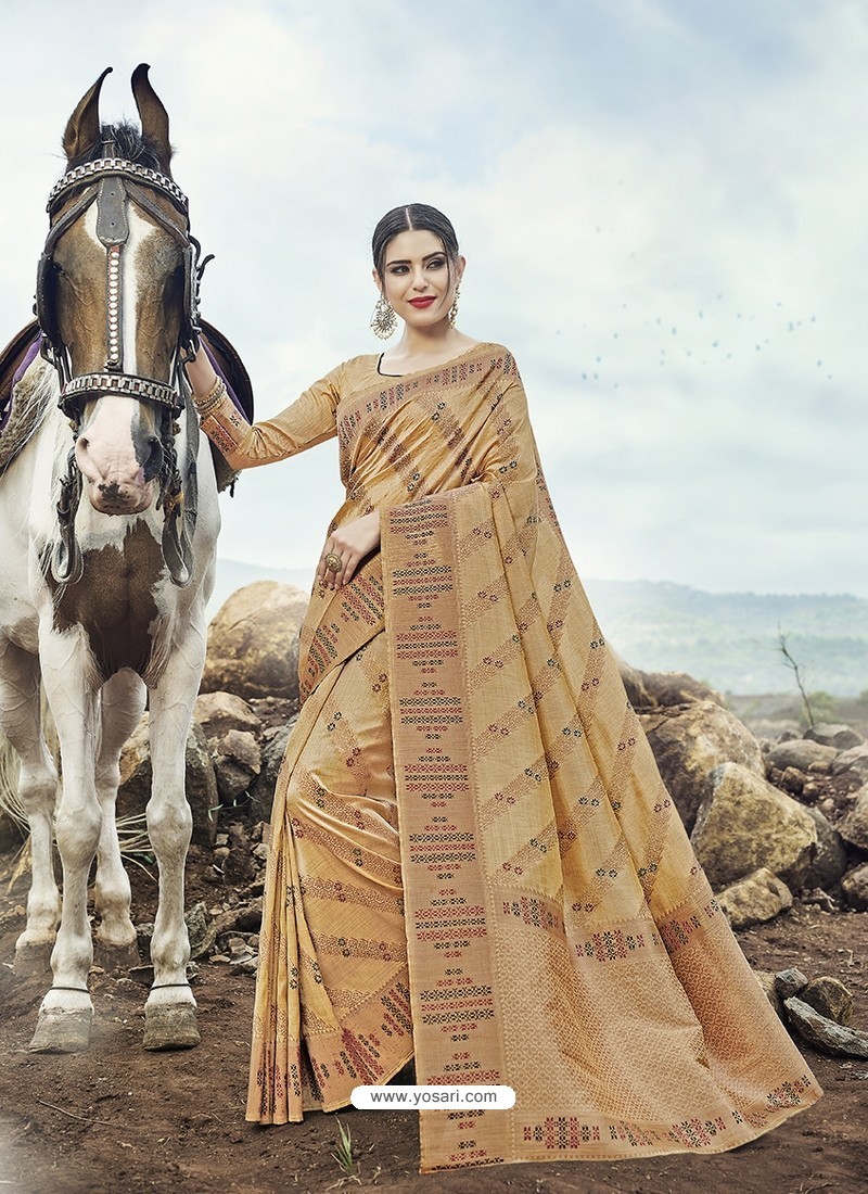 Beige Embroidered Designer Classic Wear Banarasi Silk Sari