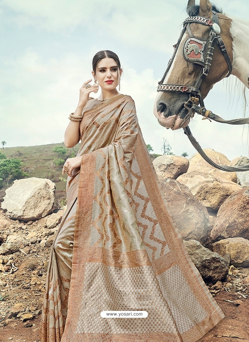 Grey Embroidered Designer Classic Wear Banarasi Silk Sari