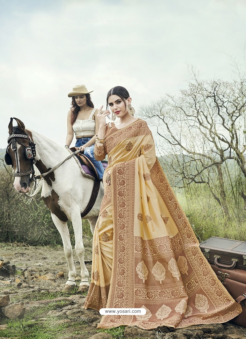 Khaki Embroidered Designer Classic Wear Banarasi Silk Sari