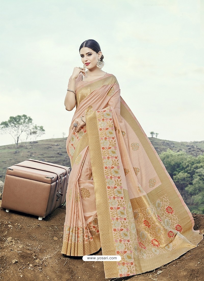 Baby Pink Embroidered Designer Classic Wear Banarasi Silk Sari