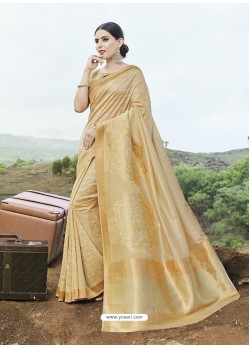 Cream Embroidered Designer Classic Wear Banarasi Silk Sari