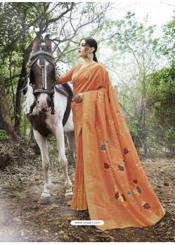 Orange Embroidered Designer Classic Wear Banarasi Silk Sari