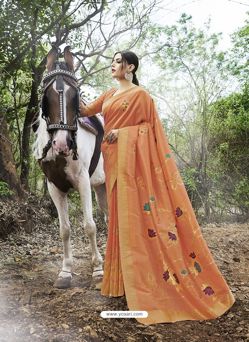 Orange Embroidered Designer Classic Wear Banarasi Silk Sari