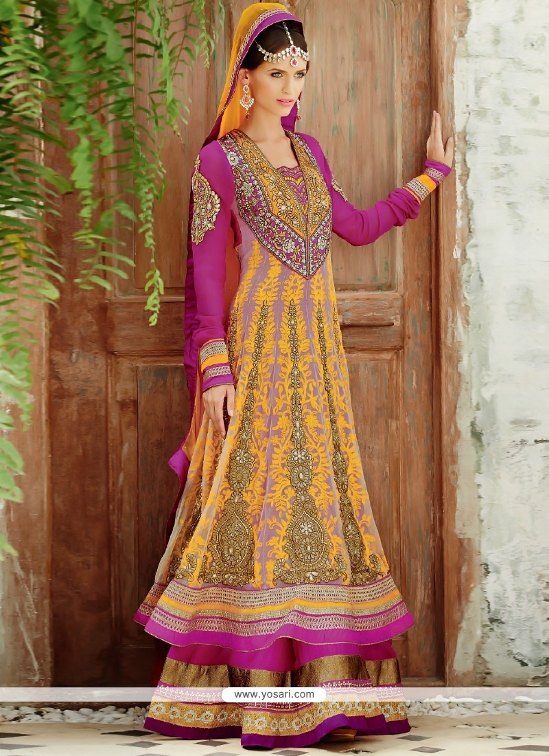 Fascinating Pink And Yellow Net Anarkali Suits