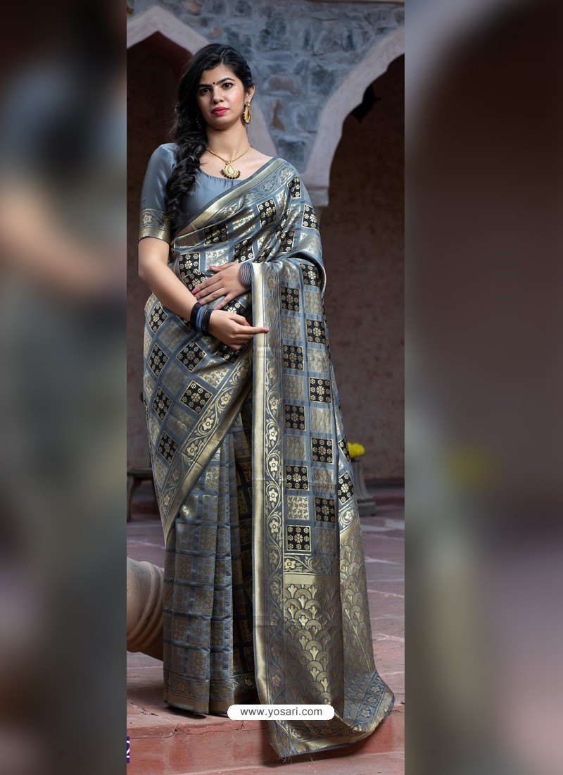 Grey Weaving Designer Classic Wear Banarasi Silk Sari