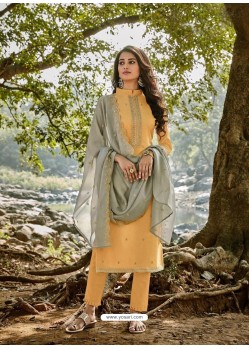 Light Yellow Designer Embroidered Cotton Chanderi Straight Salwar Suit