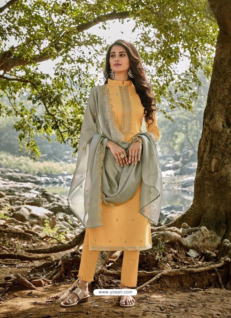 Light Yellow Designer Embroidered Cotton Chanderi Straight Salwar Suit