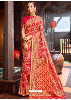 Dark Peach Weaving Designer Traditional Wear Silk Sari