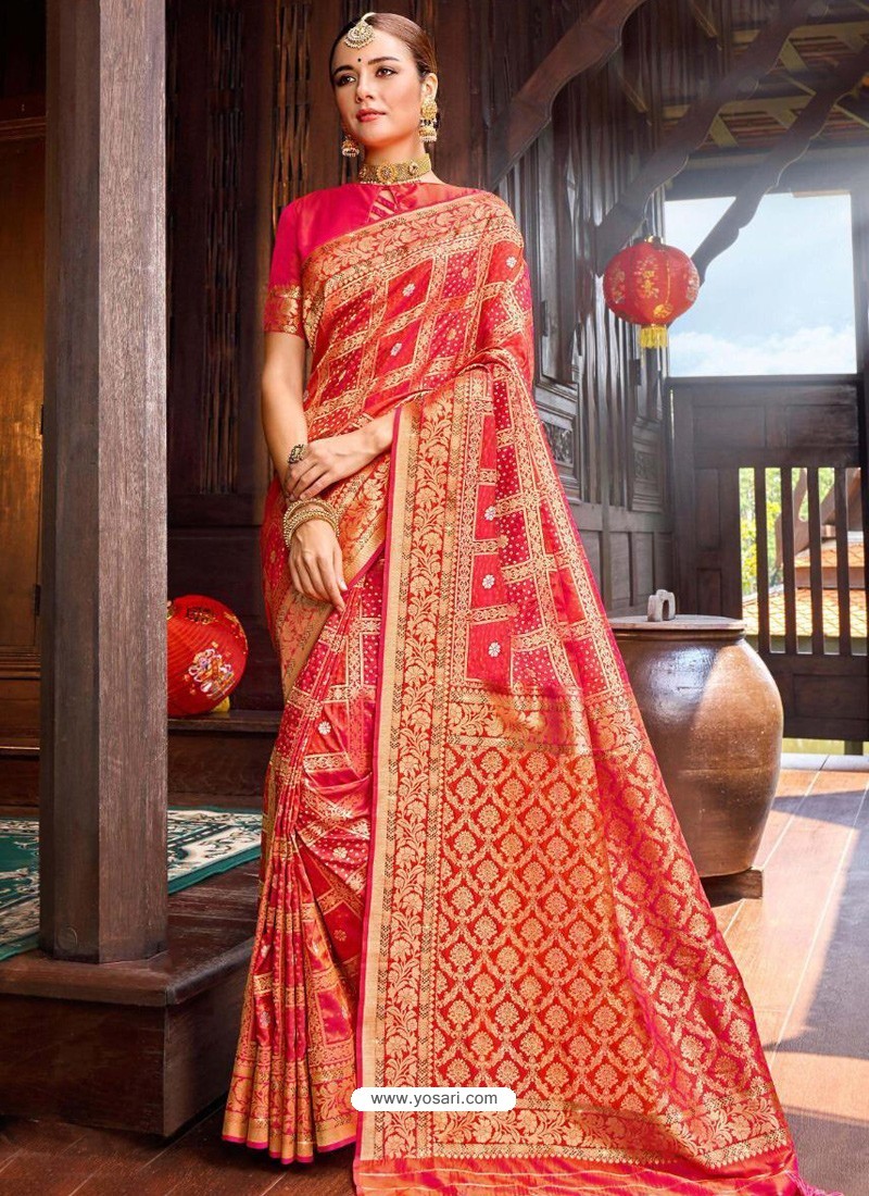 Dark Peach Weaving Designer Traditional Wear Silk Sari