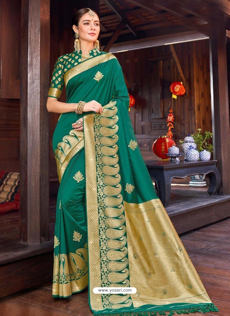 Dark Green Weaving Designer Traditional Wear Silk Sari