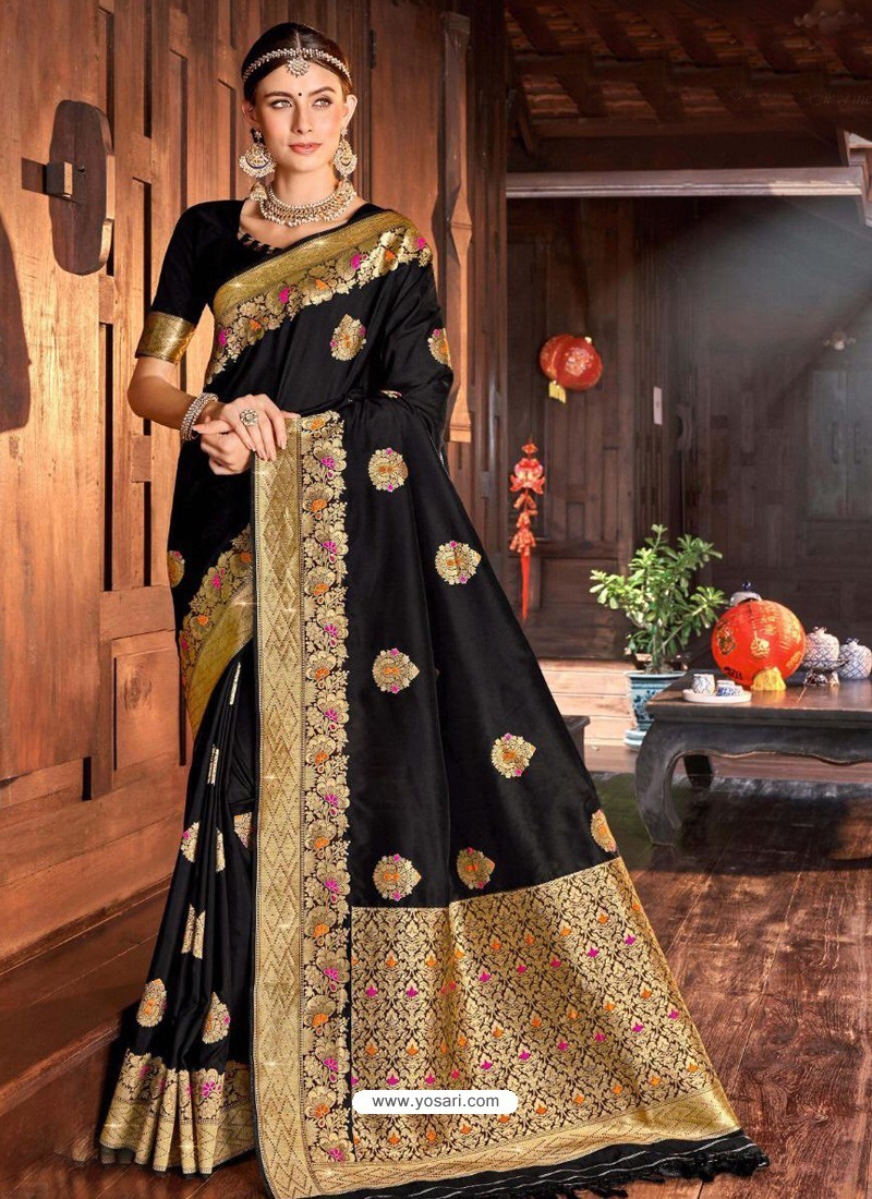 Black Weaving Designer Traditional Wear Silk Sari