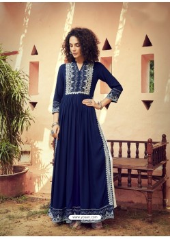 Dark Blue Designer Embroidered Readymade Party Wear Rayon Kurti With Palazzo