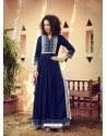 Dark Blue Designer Embroidered Readymade Party Wear Rayon Kurti With Palazzo