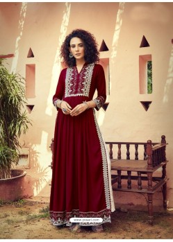 Maroon Designer Embroidered Readymade Party Wear Rayon Kurti With Palazzo